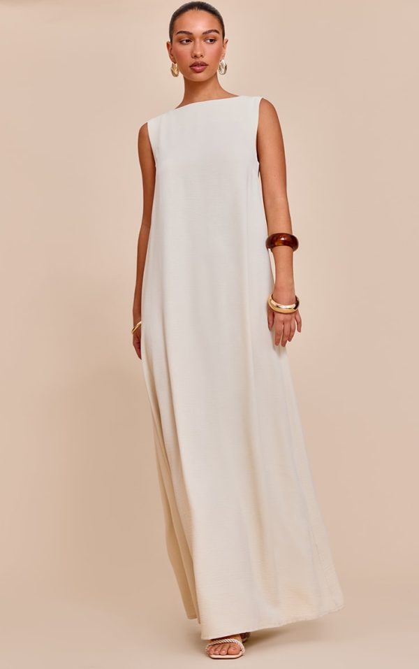 Cream Textured Boat Neck Sleeveless Maxi Dress