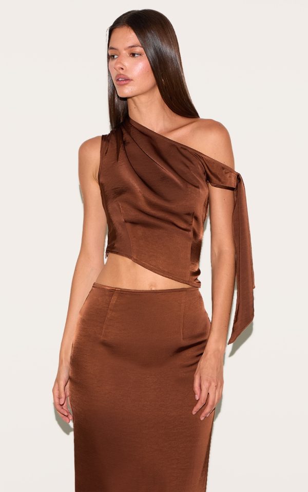 Chocolate Tie Shoulder Satin Top