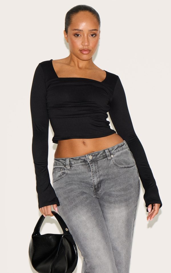 Shape Black Super Soft Scoop Neck Ruched Bust Long Sleeve Top