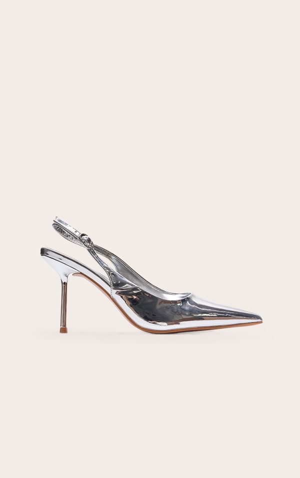 Silver PU Point Toe Sling Back Mid Heeled Courts