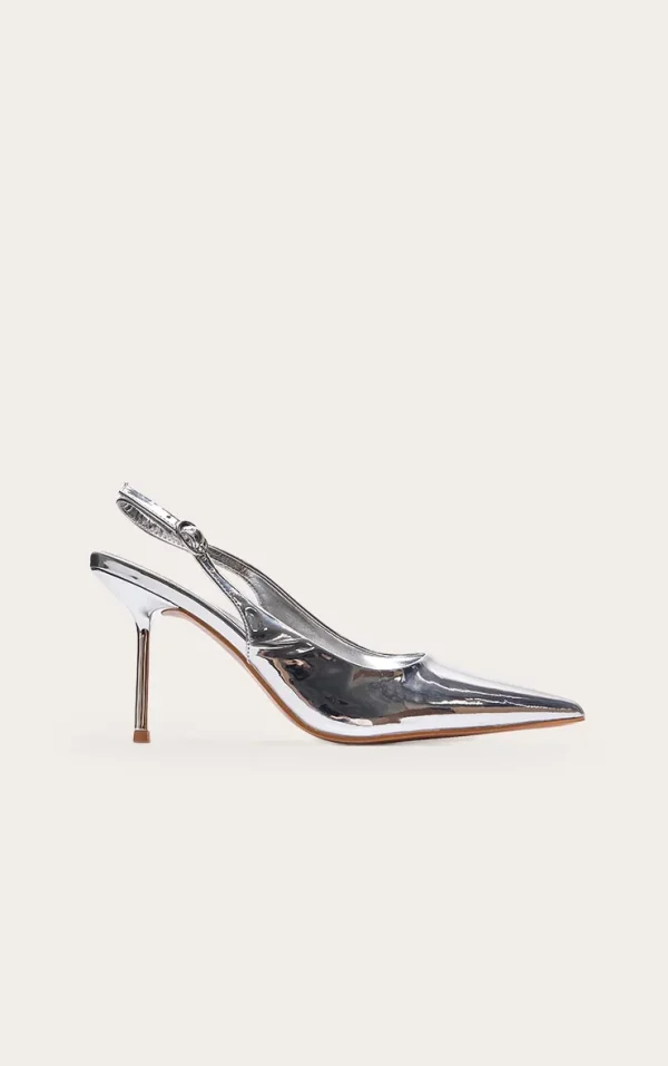 Silver PU Point Toe Sling Back Mid Heeled Courts