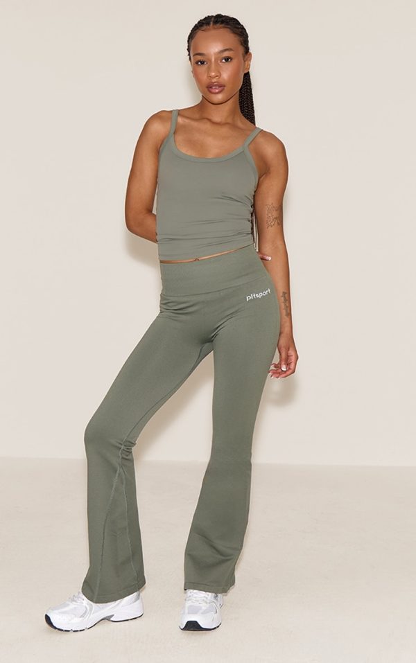 PLT SPORT Olive Seamless Ribbed Detail High Waist Yoga Flares