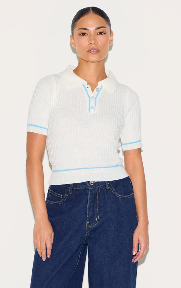 Petite Baby Blue Knitted Polo Top