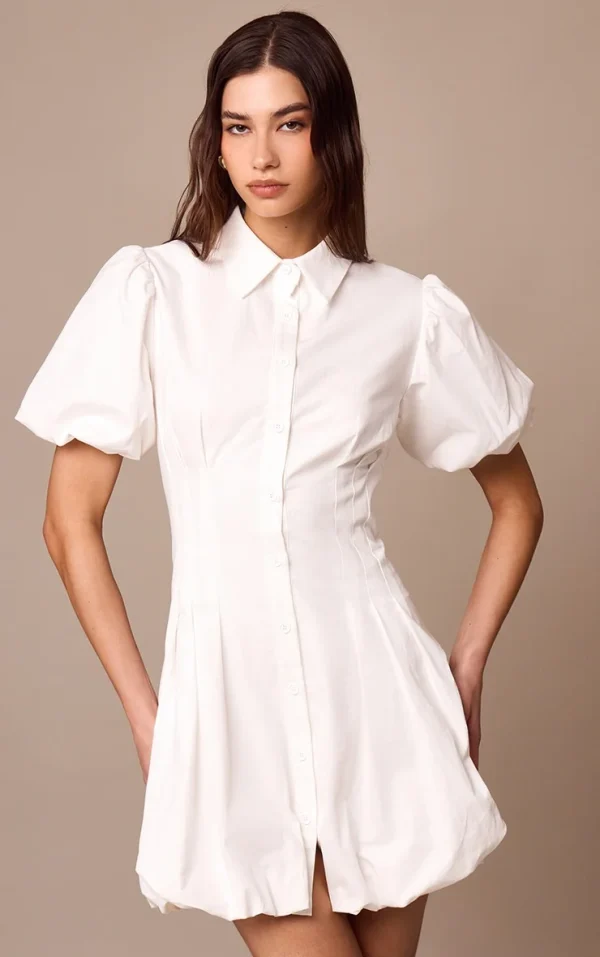 White Button Down Cinched Waist Shift Dress