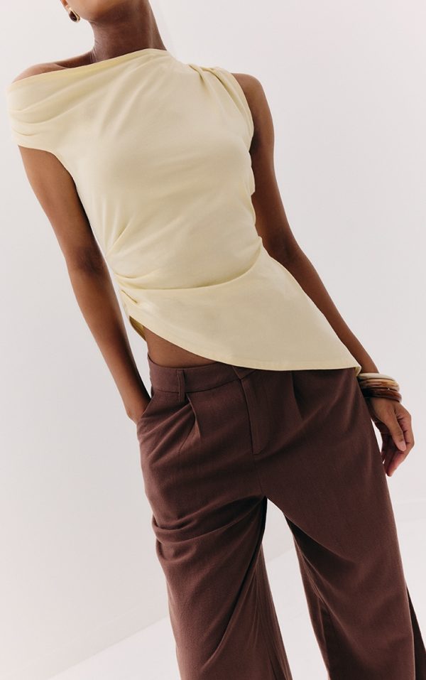 Almond Asymmetric Shoulder Extreme Longline Top