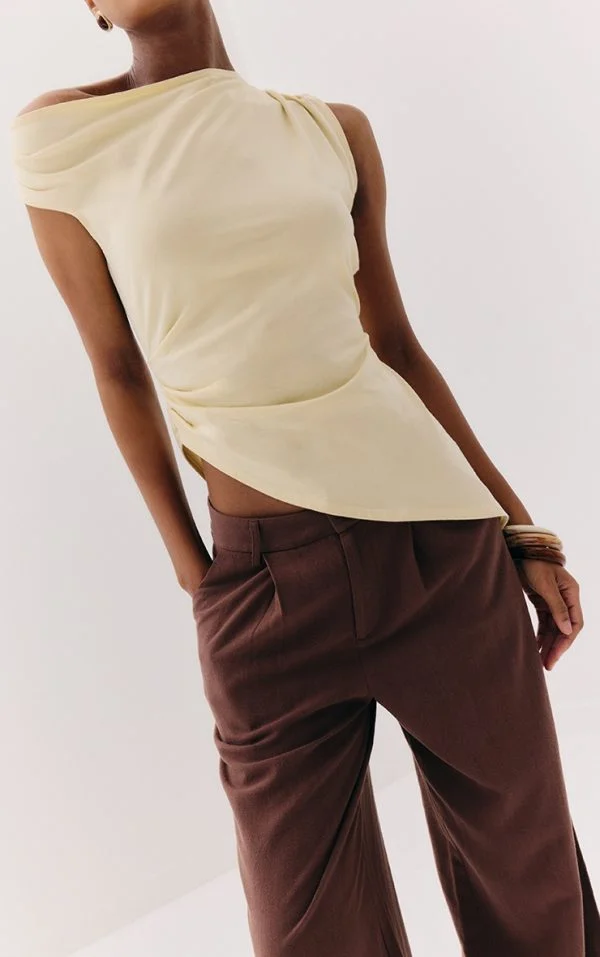 Almond Asymmetric Shoulder Extreme Longline Top