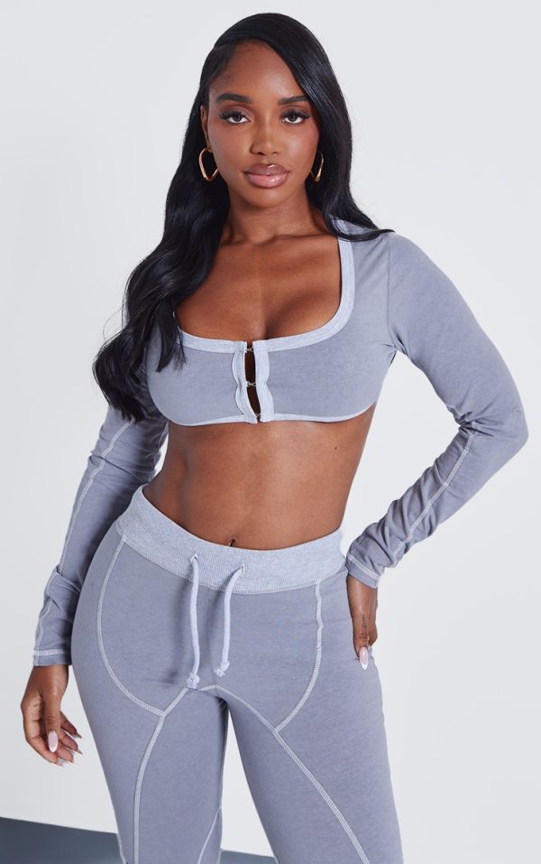 Shape Light Grey Washed Cotton Hook And Eye Long Sleeve Crop Top