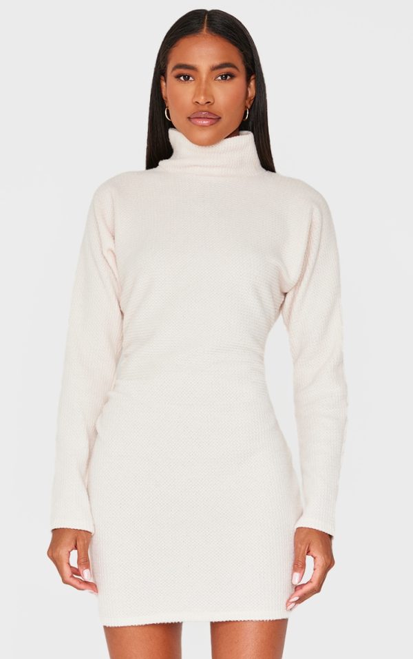 Cream Slouchy Ruched Detail High Neck Bodycon Dress