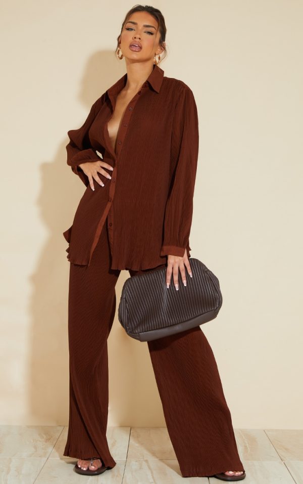 Chocolate Brown Plisse High Waisted Wide Leg Pants