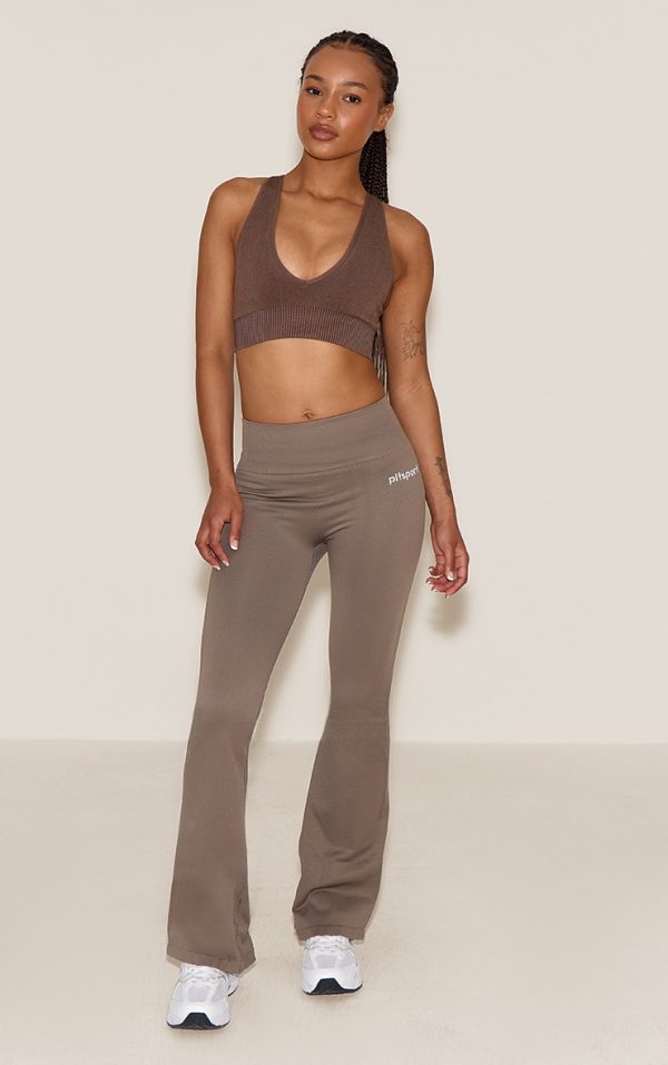 PLT SPORT Brown Seamless Ribbed Detail High Waist Yoga Flares
