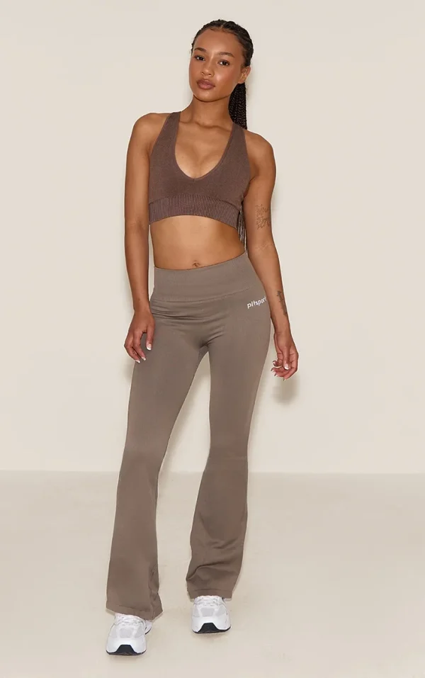 PLT SPORT Brown Seamless Ribbed Detail High Waist Yoga Flares