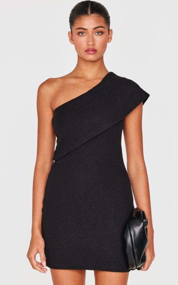 Black Heavy Rib Asymmetric Bodycon Dress