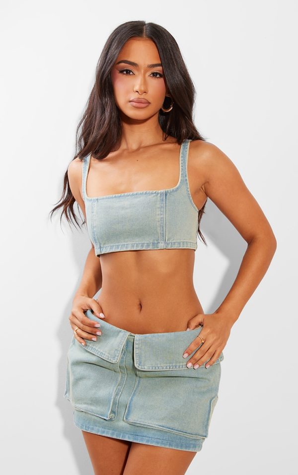 Petite Vintage Wash Denim Square Neck Extreme Crop Top