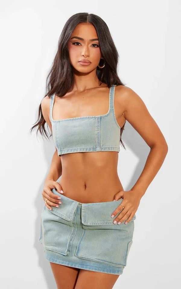 Petite Vintage Wash Denim Square Neck Extreme Crop Top
