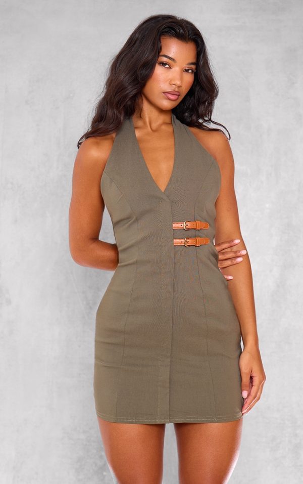 Dark Khaki Stretch Woven Belted Bodycon Dress