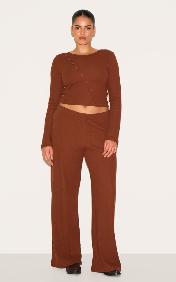 Plus Chocolate Mid Rise Wide Leg Waffle Pant