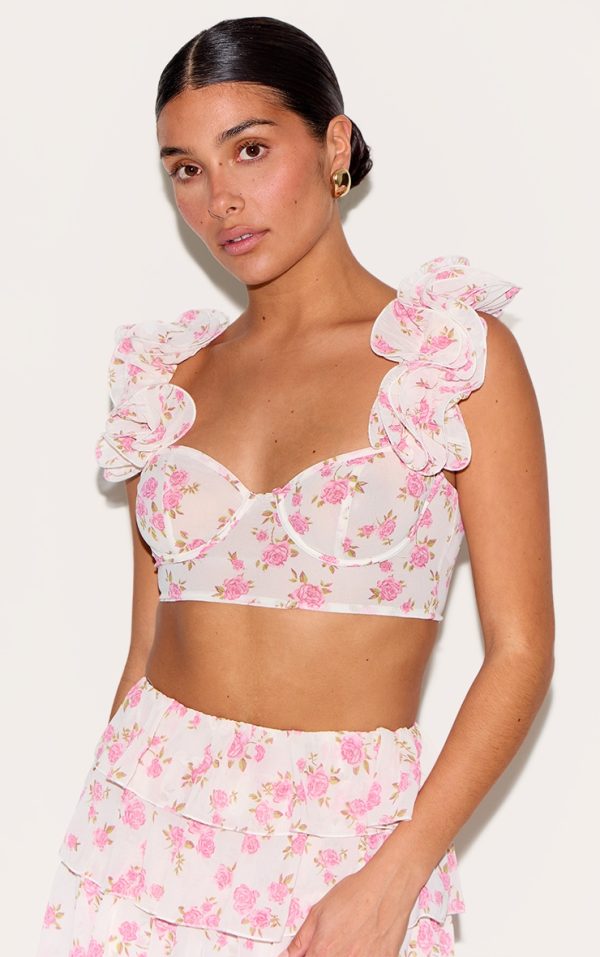 Petite Multi Floral Ruffle Crop Top