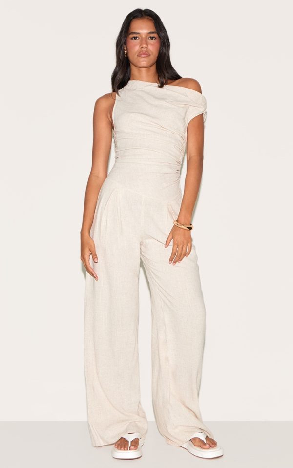 Stone Twist Sleeve Linen Ruched One Sleeve Jumpsuit