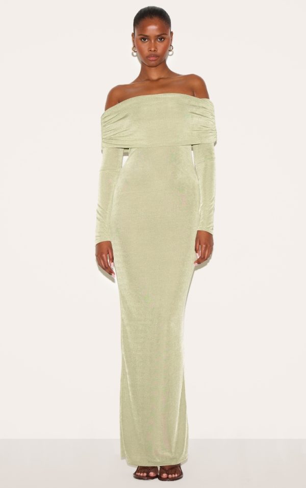 Sage Green Acetate Slinky Bardot Long Sleeve Maxi Dress