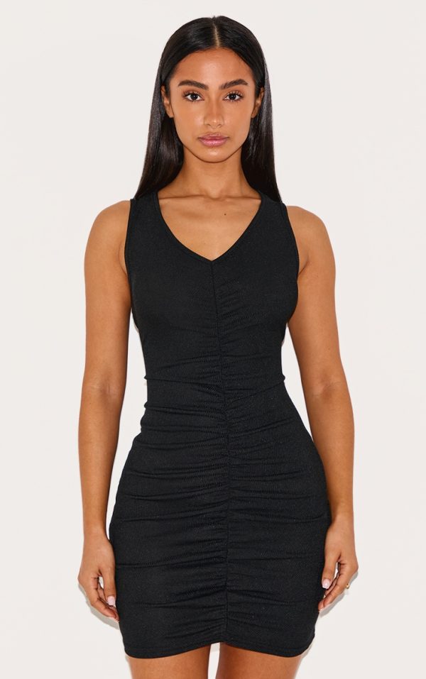Petite Black Ribbed Ruched Racer Bodycon Dress