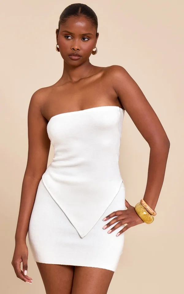 White Fine Knit Bandeau Asymmetric Hem Top