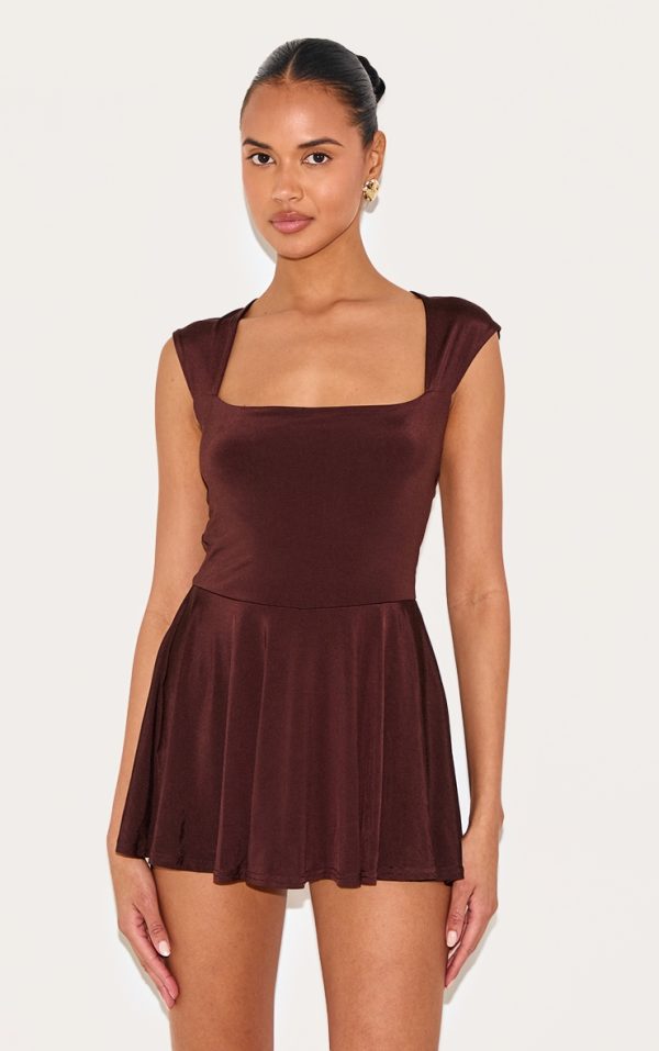 Chocolate Brown Double Layer Slinky Square Cap Sleeve Skort Romper