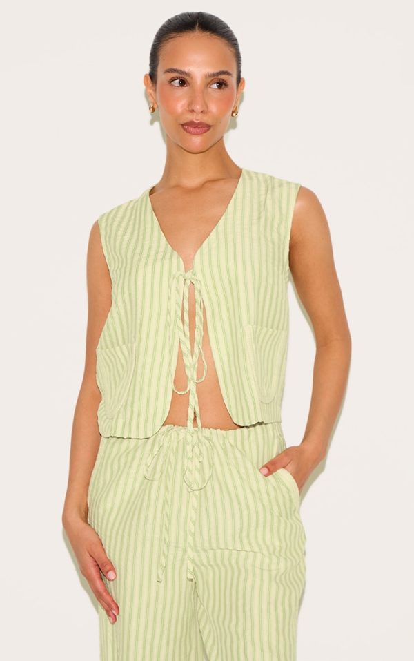 Petite Olive Striped Woven Tie Front Longline Vest