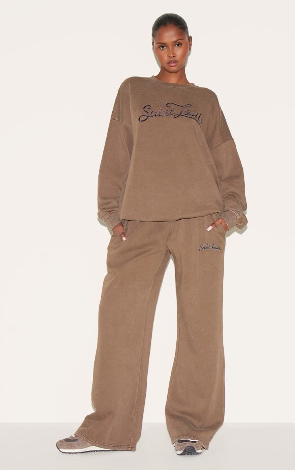 Taupe Saint Louis Embroidered Wide Leg Sweatpants