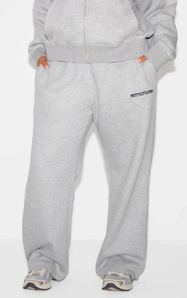 PRETTYLITTLETHING Plus Ash Grey Embroided Wide Leg Sweatpants