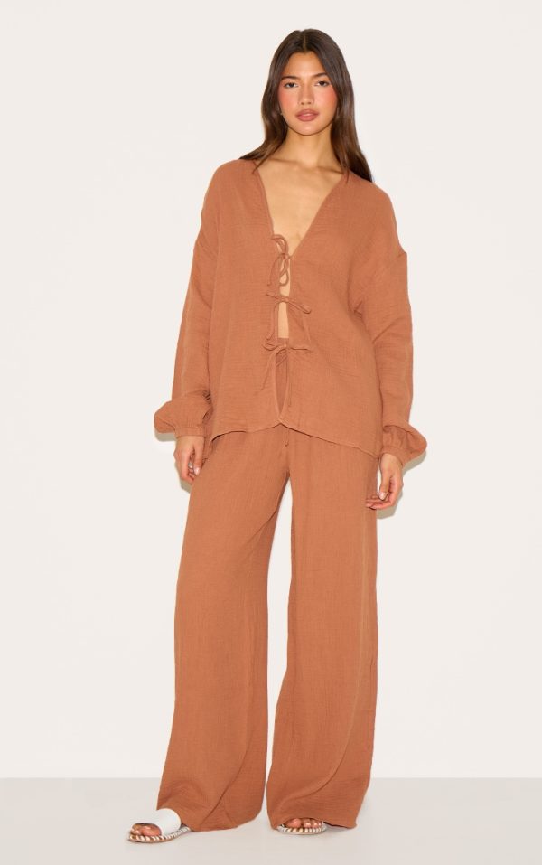 Chesnut Cheesecloth Textured Wide Leg Pant