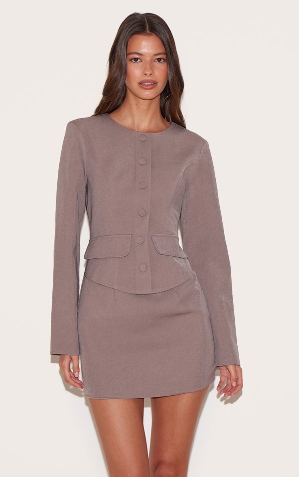 Mushroom Woven Tailored Button Detail Mini Dress