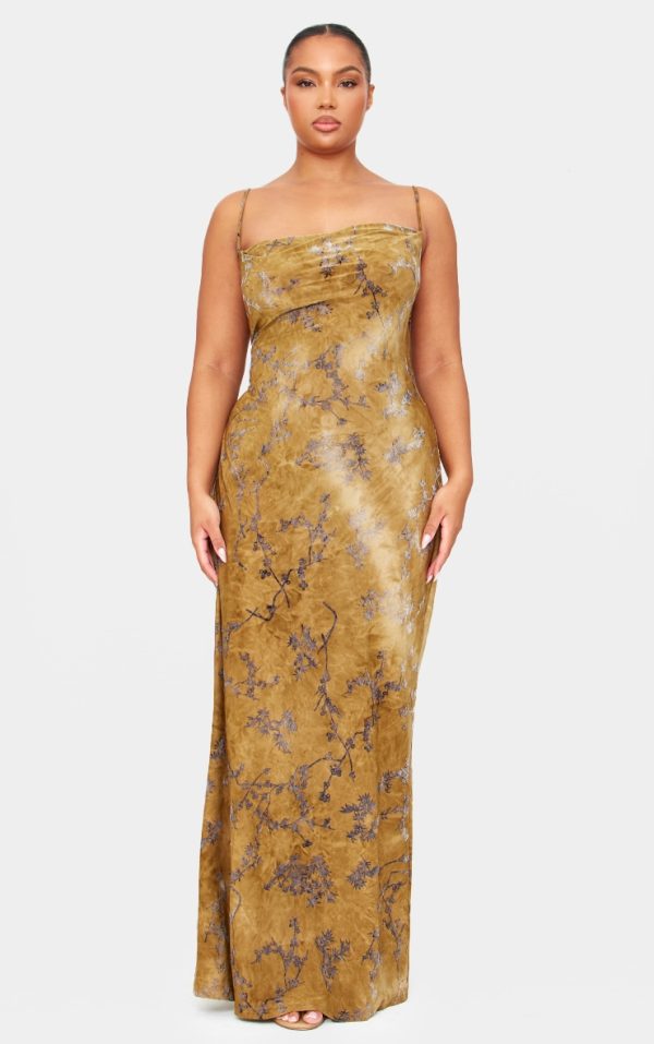 Plus Green Devore Cowl Neck Lace Up Back Maxi Dress