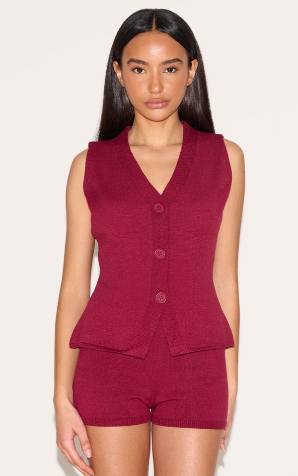 Petite Wine Knitted Longline Vest
