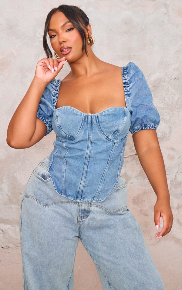 Plus Mid Blue Wash Puff Sleeve Denim Corset Top