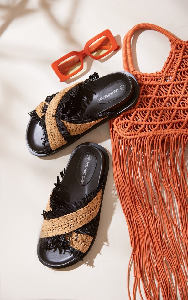 Natural Raffia Criss Cross Fringe Slides