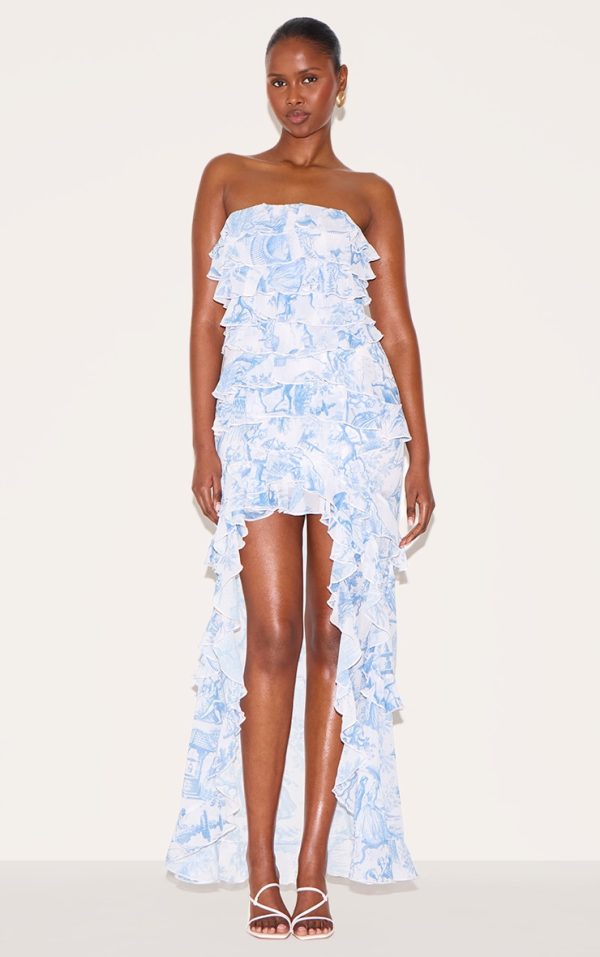 Blue Printed Ruffled Bandeau Maxi Dress