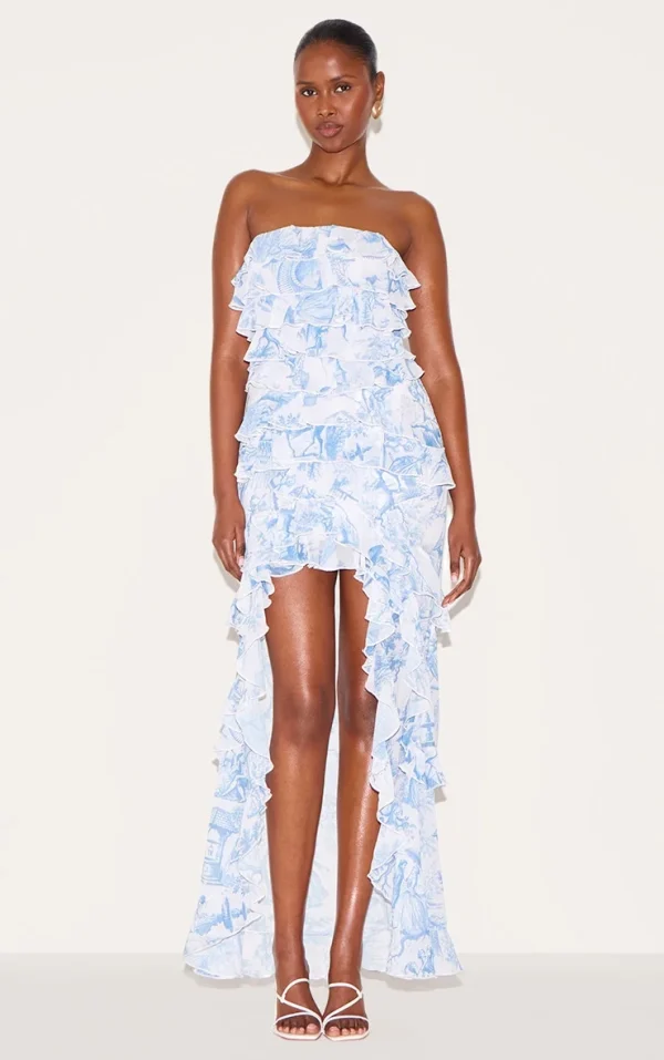 Blue Printed Ruffled Bandeau Maxi Dress