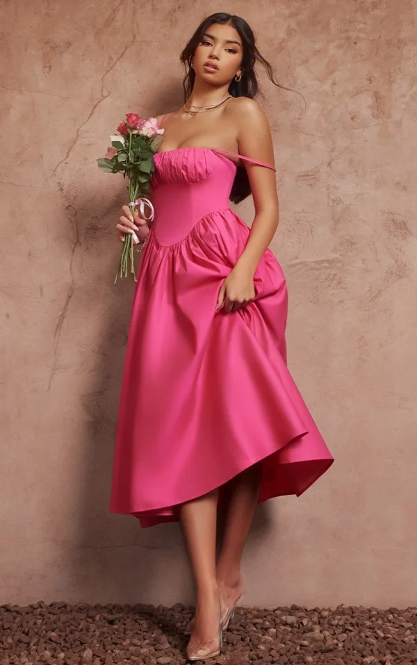 Hot Pink Ruched Bust Corset Strappy Midaxi Dress