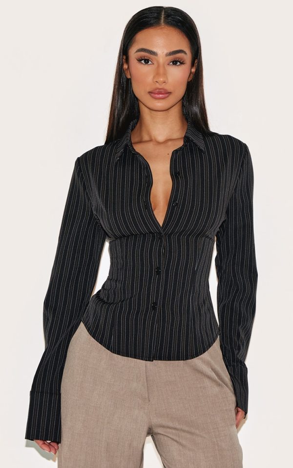Petite Black Striped Long Sleeve Fitted Shirt