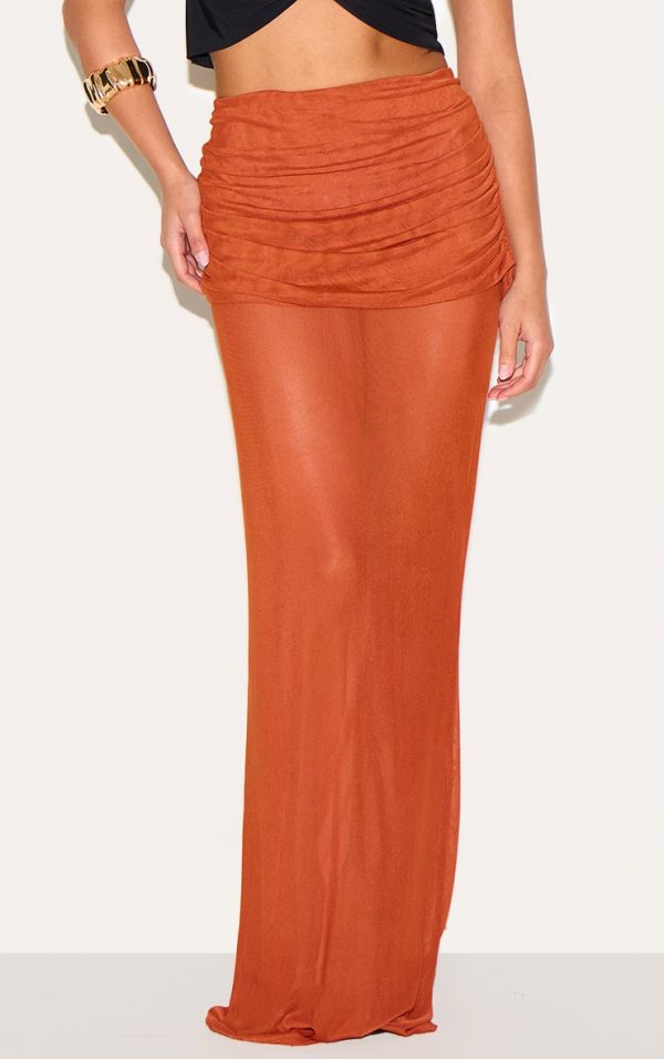 Petite Burnt Orange Mesh Overlay Low Rise Maxi Skirt