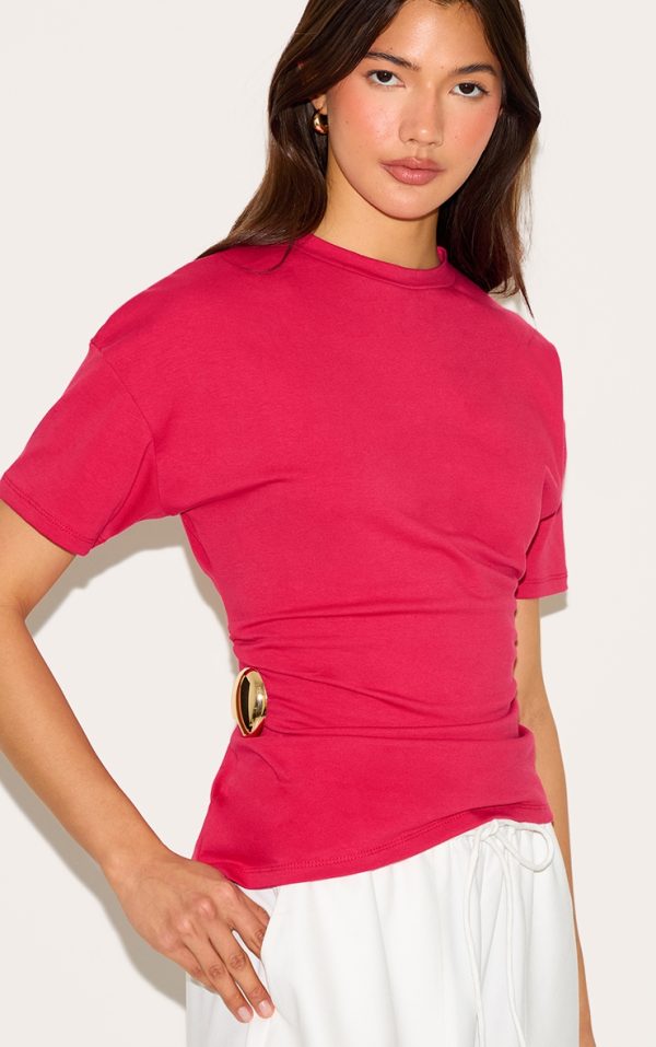 Red Trim Detail Asymmetric Hem T Shirt