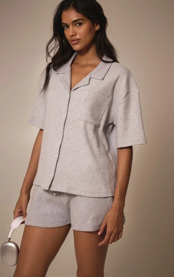 Grey Marl Brushed Rib Button Up Boxy Shirt