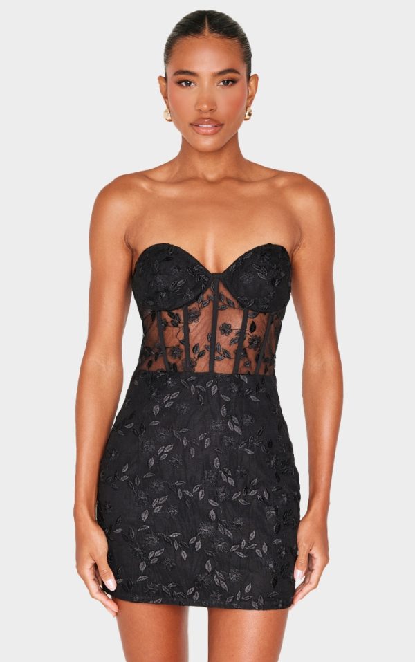 Black Floral Mesh Overlay Corset Mini Dress