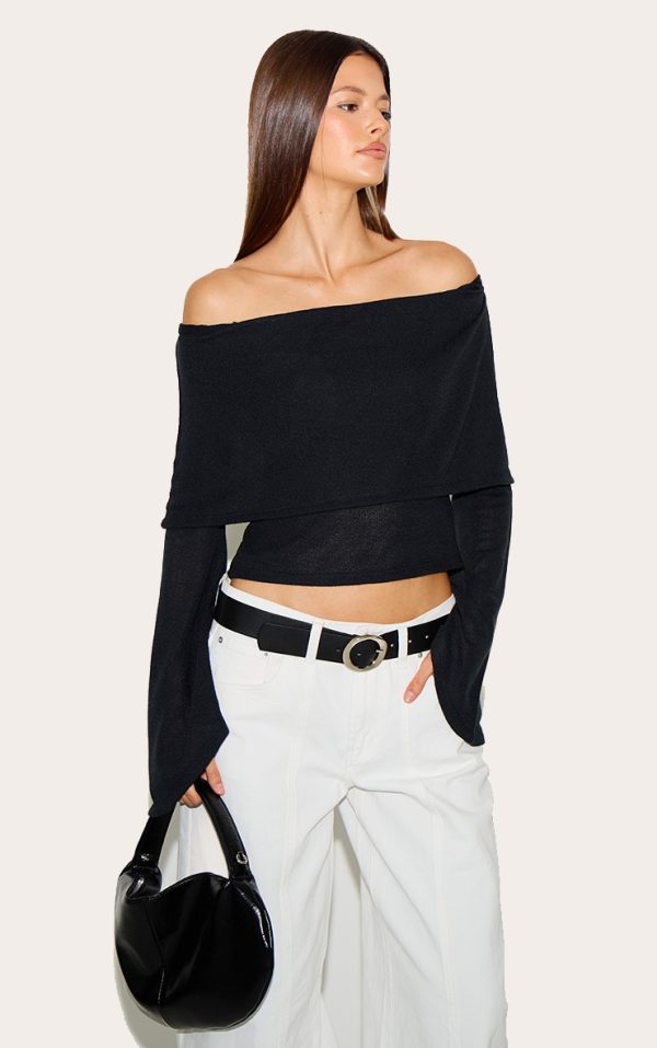 Black Textured Fold Over Bardot Extreme Flute Sleeve Long Top