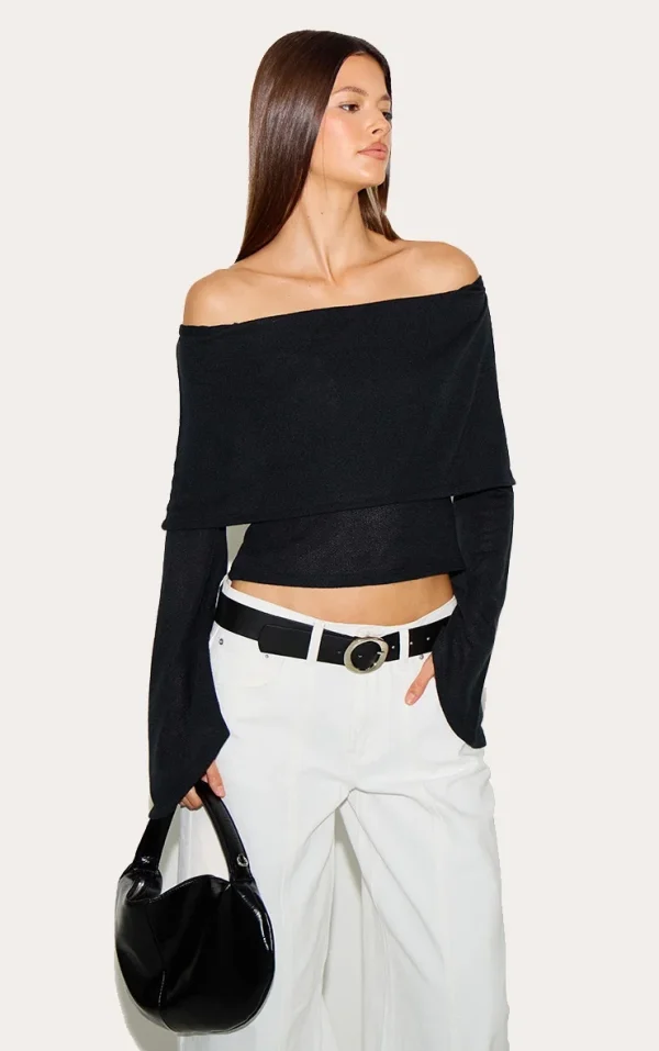 Black Textured Fold Over Bardot Extreme Flute Sleeve Long Top