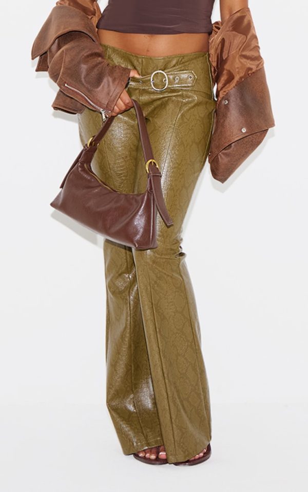 Dark Khaki Snake Print Faux Leather Low Rise Pants