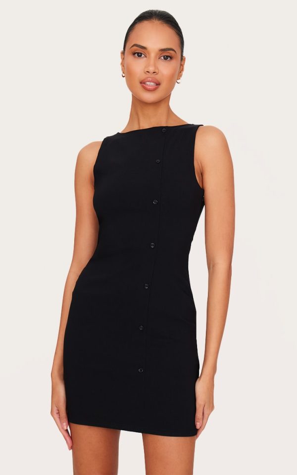 Black Stretch Woven Button Down Shift Dress
