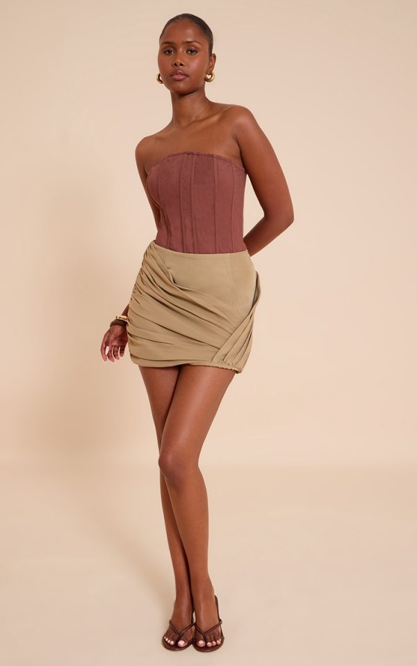 Mushroom Woven Wrap Front Ruched Mini Skirt
