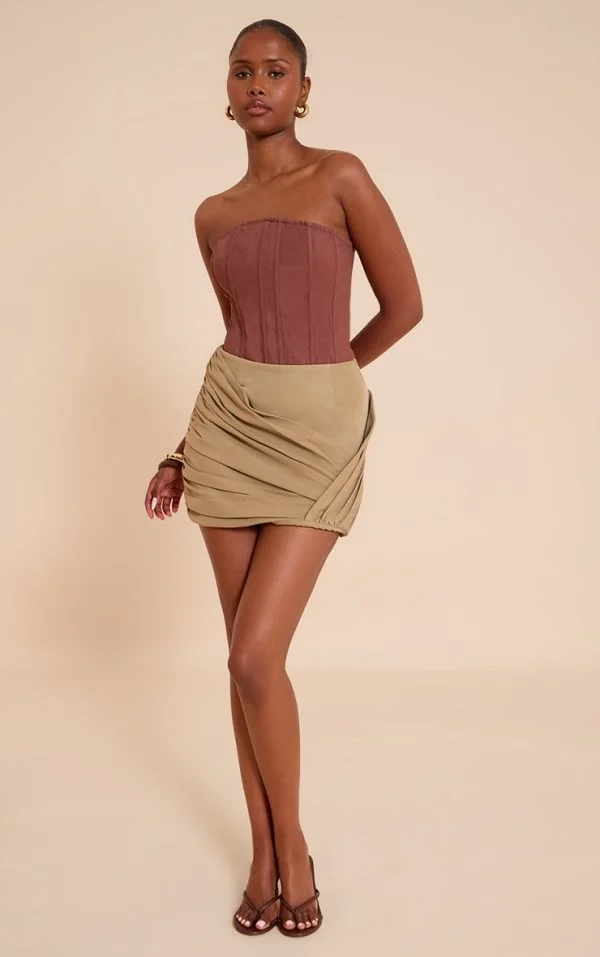 Mushroom Woven Wrap Front Ruched Mini Skirt