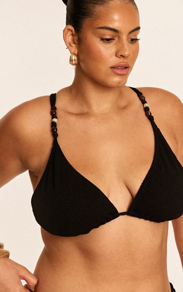Plus Black Textured Bead Trim Triangle Bikini Top